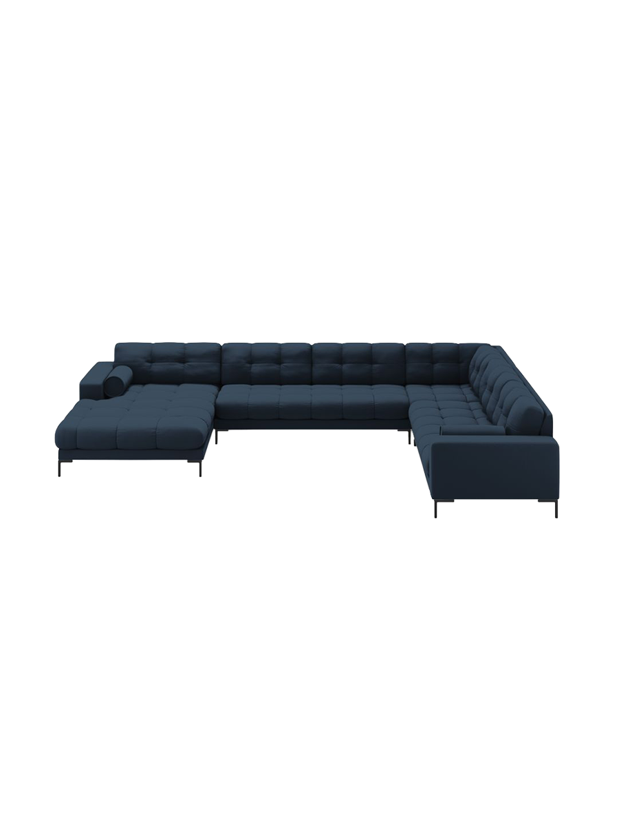 
7-Sitzer Design Panorama-Sofa „Bali II“ - Strukturstoff Blau / Schwarz / Lange Seite rechts