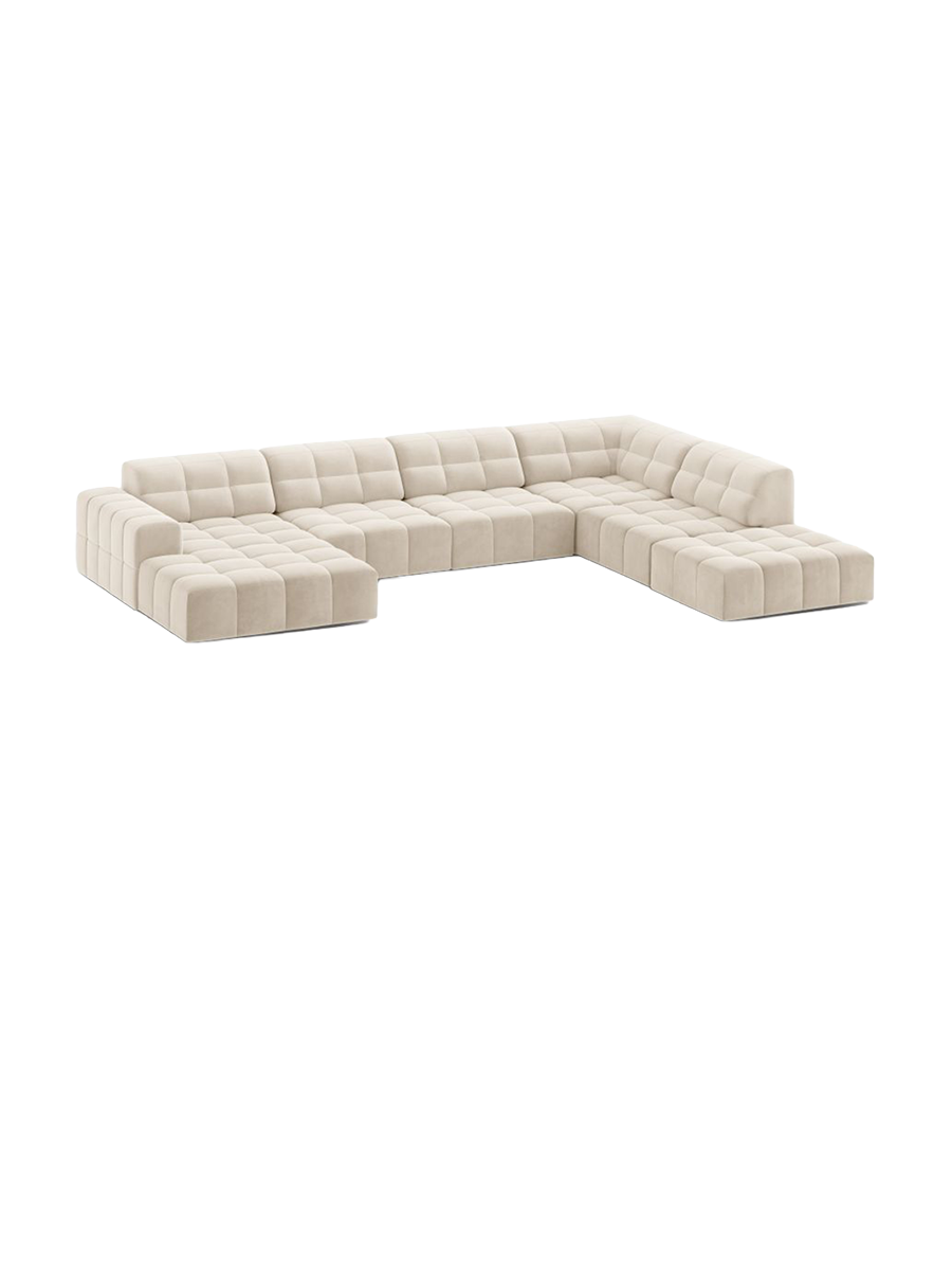 
7-Seater Designer Panoramic Sofa "Chicago" - Light Beige Velvet / Long side right