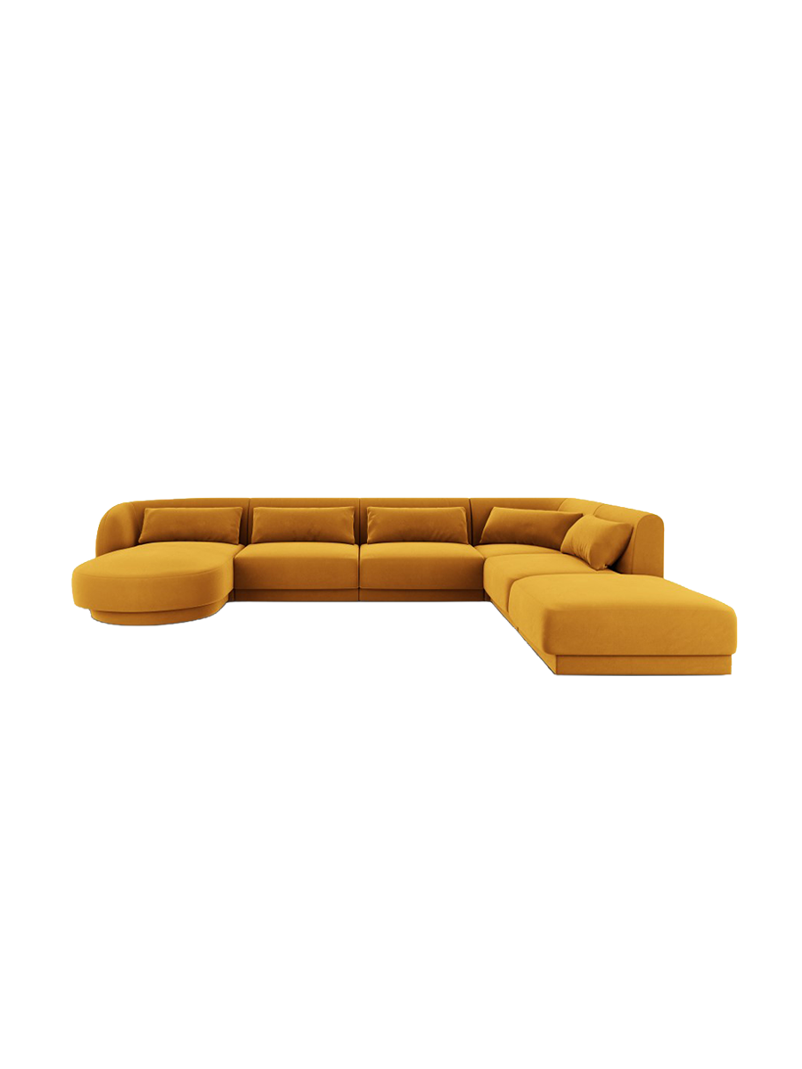 
6-Seater Designer Panorama Sofa "Tulum" - Velvet Mustard Yellow / long side right