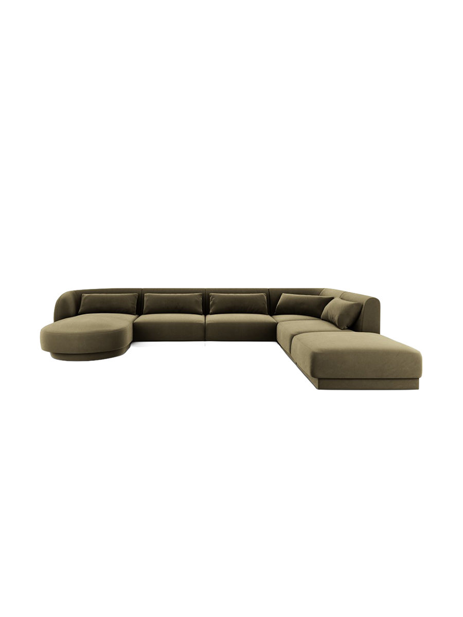 
6-Seater Designer Panorama Sofa "Tulum" - Velvet Olive Green / long side right