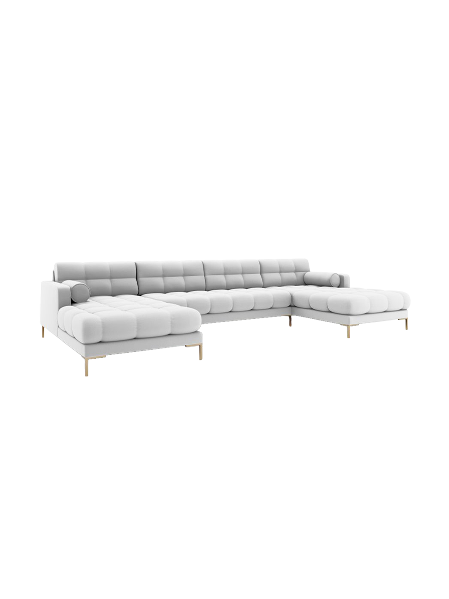 
7-Sitzer Design Panorama-Sofa „Bali“ - Strukturstoff Hellgrau / Gold