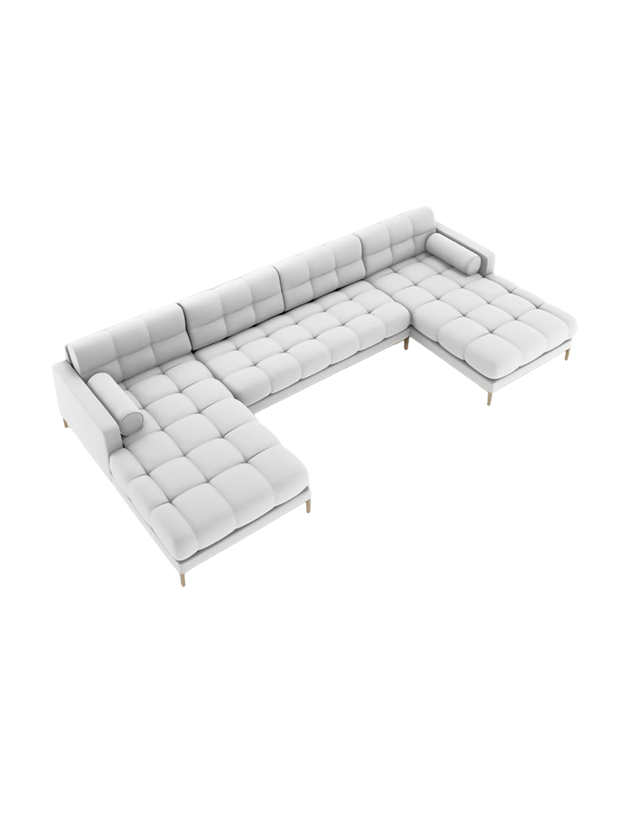 
7-Sitzer Design Panorama-Sofa „Bali“ - Strukturstoff Hellgrau / Gold