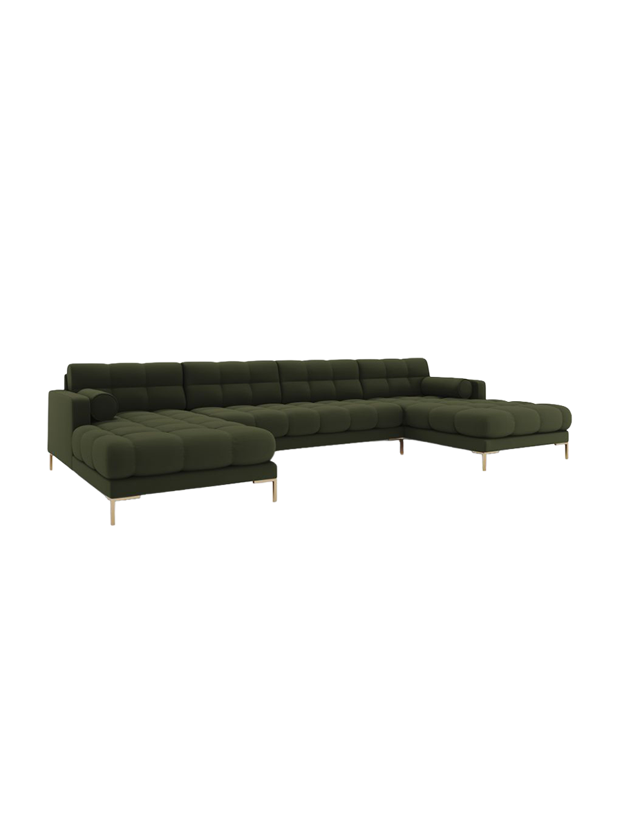 
7-Sitzer Design Panorama-Sofa „Bali“ - Strukturstoff Grün / Gold