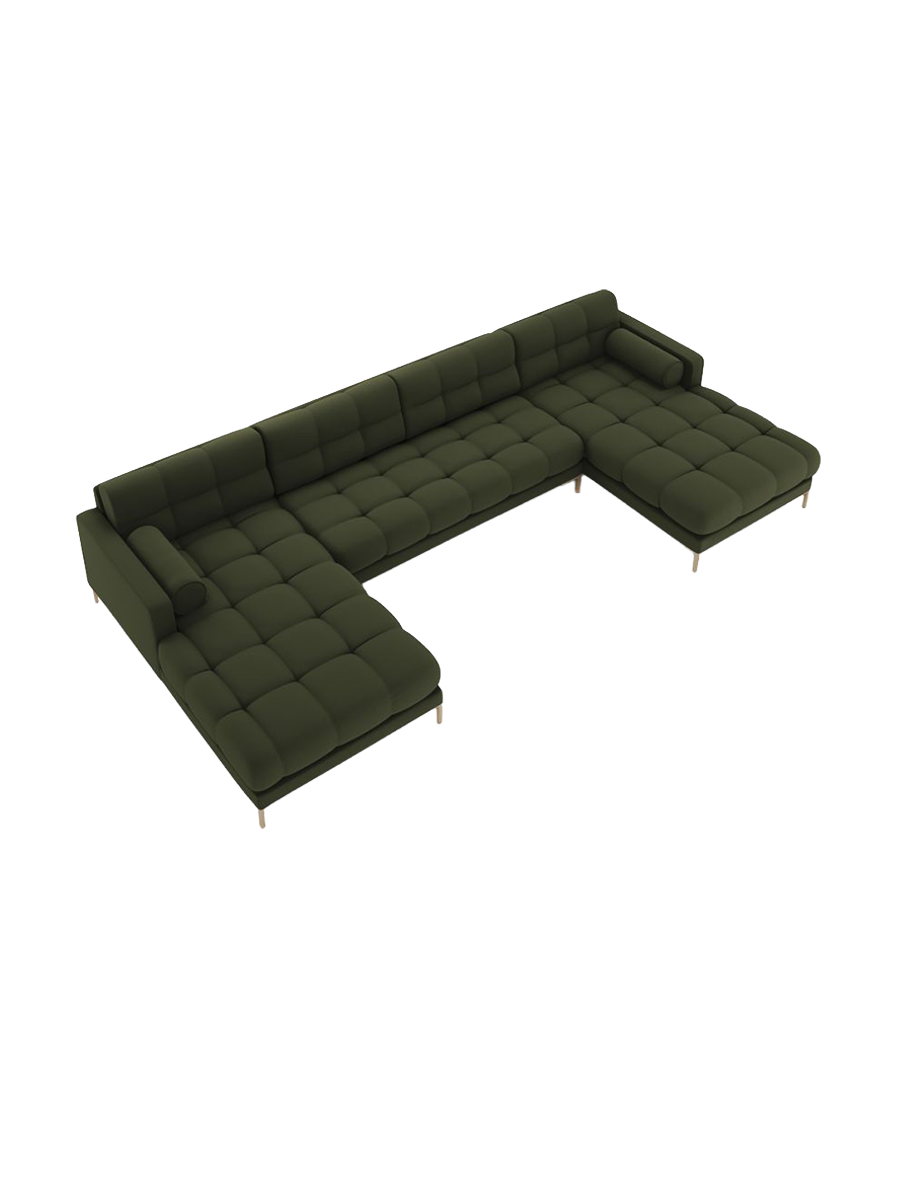 
7-Sitzer Design Panorama-Sofa „Bali“ - Strukturstoff Grün / Gold