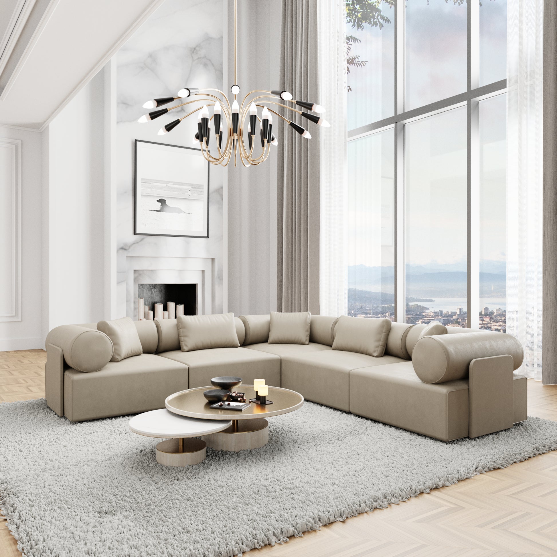 
5-Sitzer Design Echtleder Ecksofa „Valora“ - Echtleder Beige