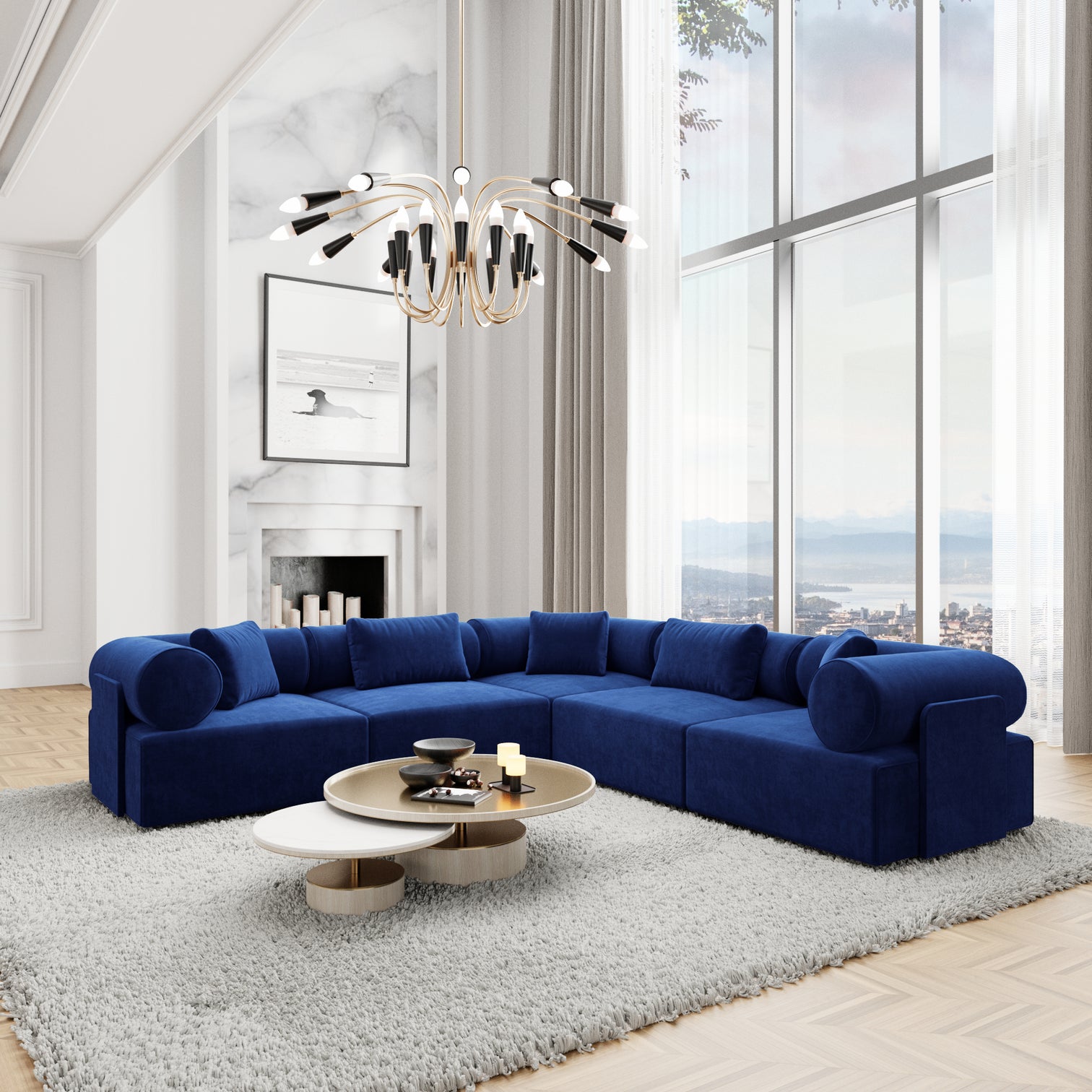 
5-Sitzer Design Ecksofa „Valora“ mit Samtbezug - Samtbezug Königsblau