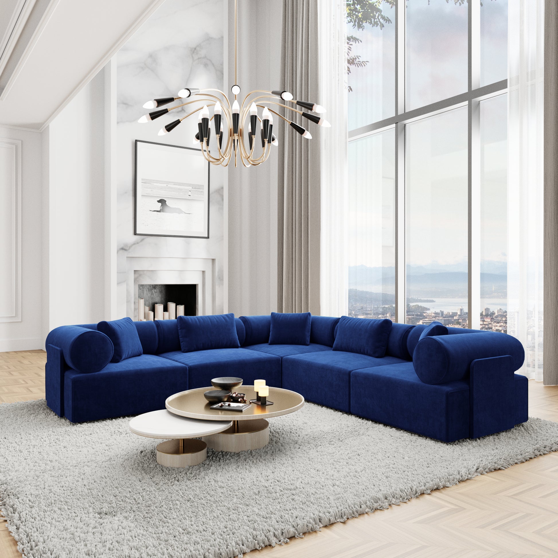 
5-Sitzer Design Ecksofa „Valora“ mit Samtbezug - Samtbezug Königsblau