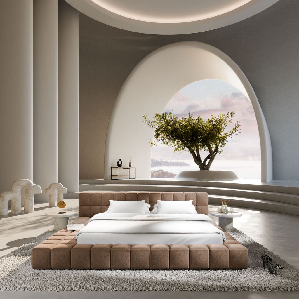 
Design Polsterbett „Sora“ mit Ablagefach, Webstoff Braun - 140 x 200 cm