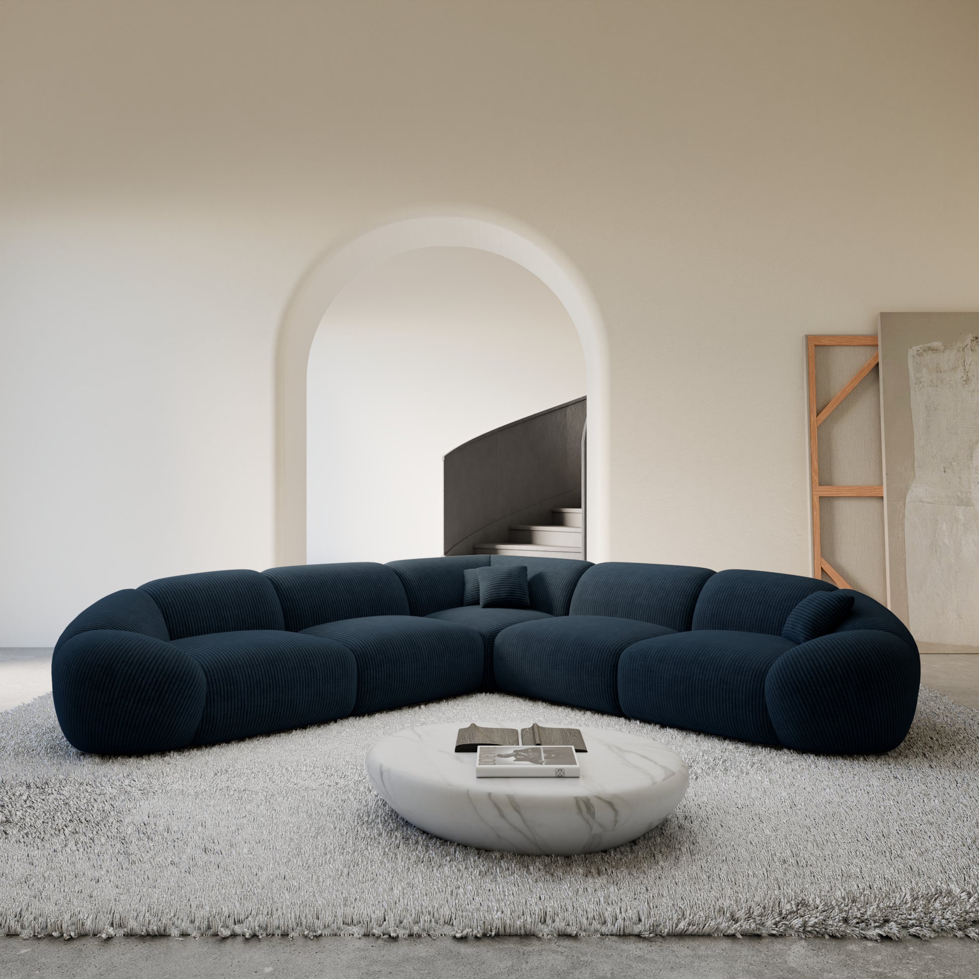 
5-Sitzer Design Ecksofa „Arden“, Cordsamt - Cordsamt Dunkelblau