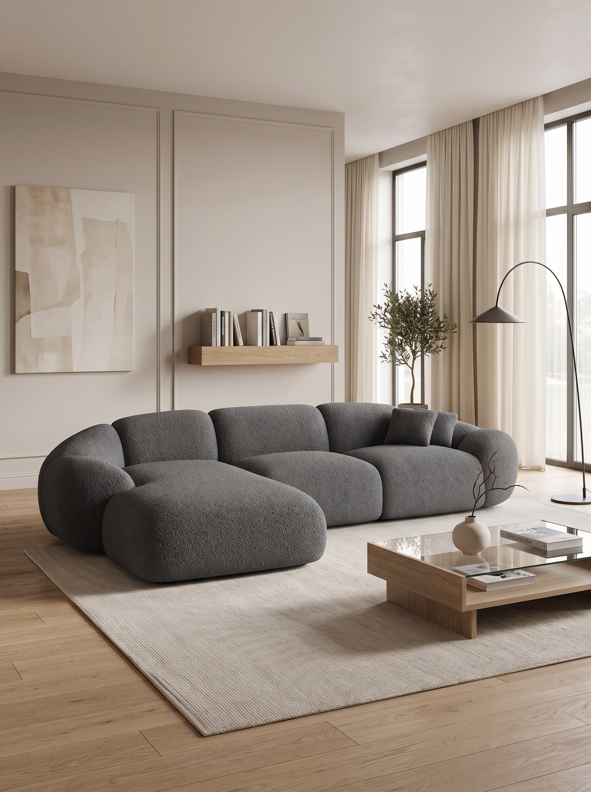
4-seat designer corner sofa “Arden” with bouclé upholstery - Bouclé Graphite / Left corner section