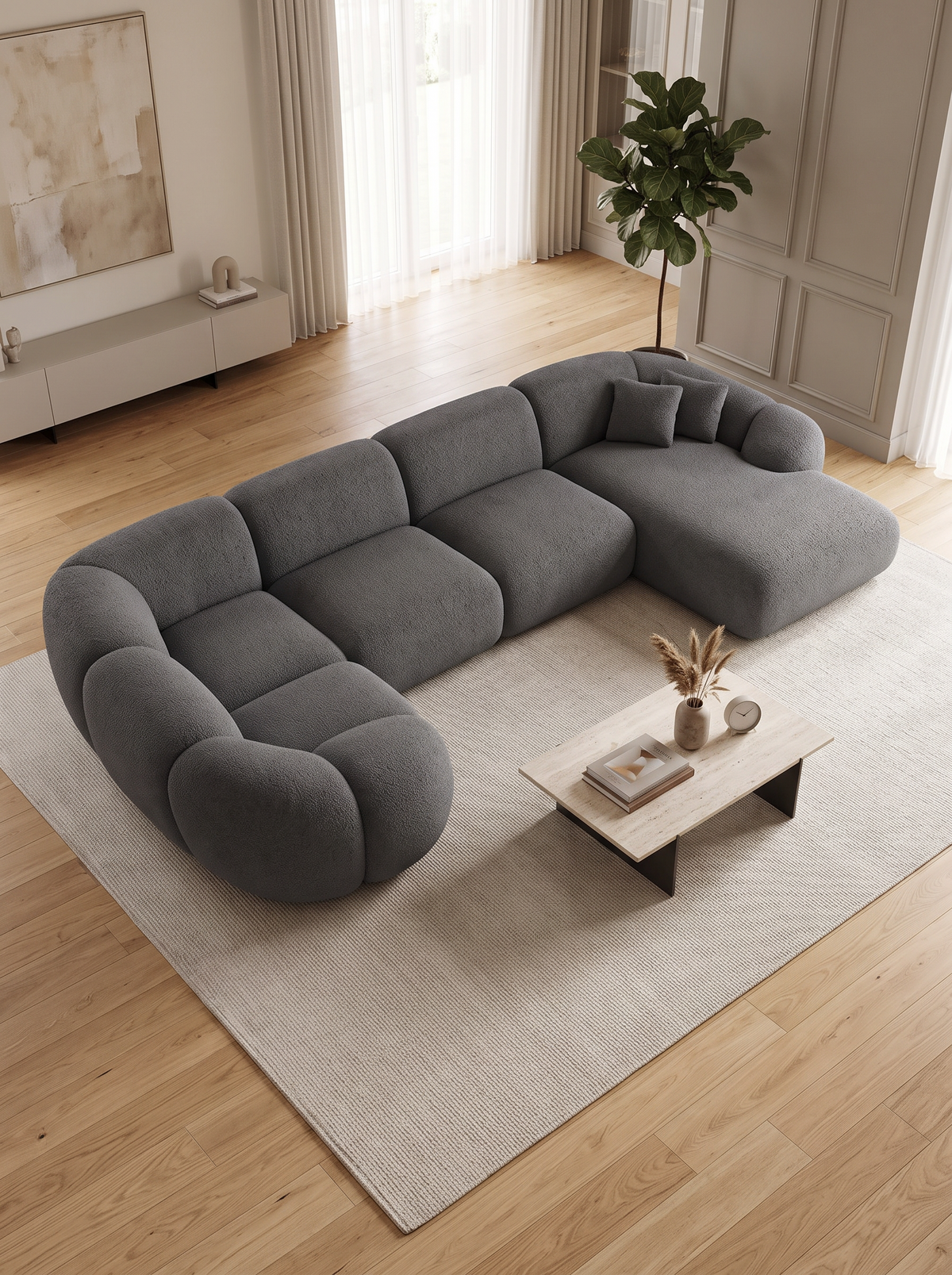 
6-seat designer panoramic sofa “Arden XL” with bouclé upholstery - Bouclé Graphite / Long side left