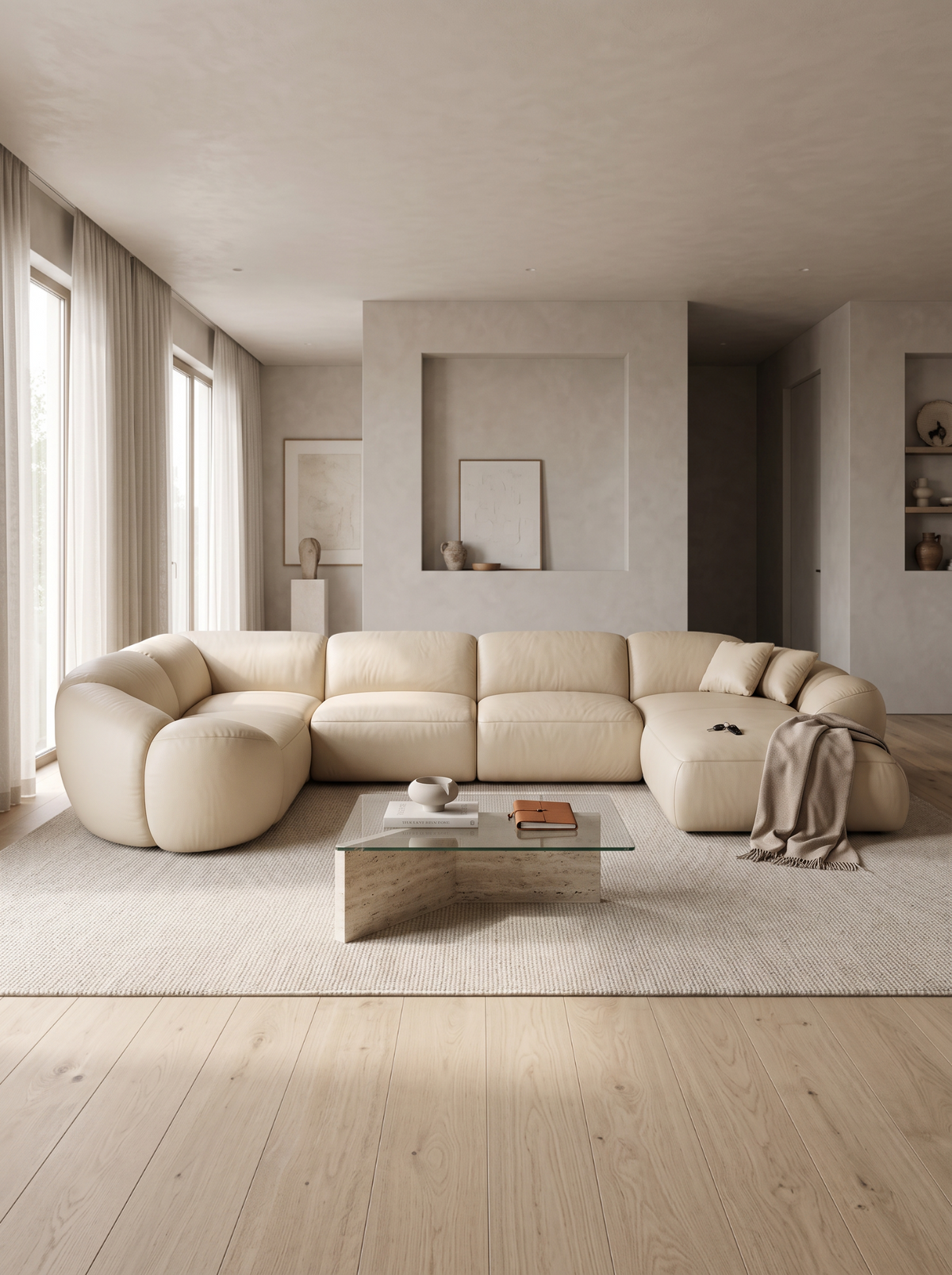 
6-Sitzer Design Echtleder Panorama-Sofa „Arden XL“ - Echtleder Beige / Lange Seite links