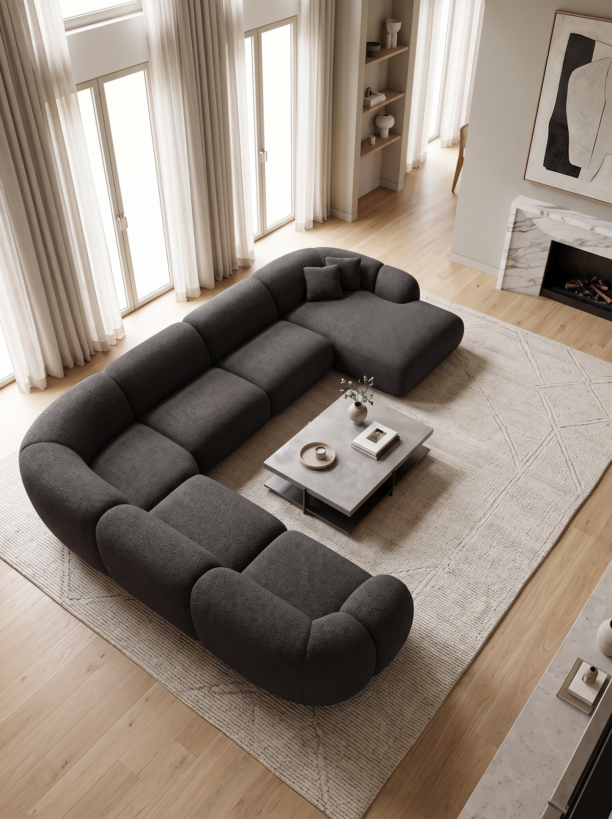 
7-seat designer panoramic sofa “Arden XXL” with bouclé upholstery - Bouclé Graphite / Long side left