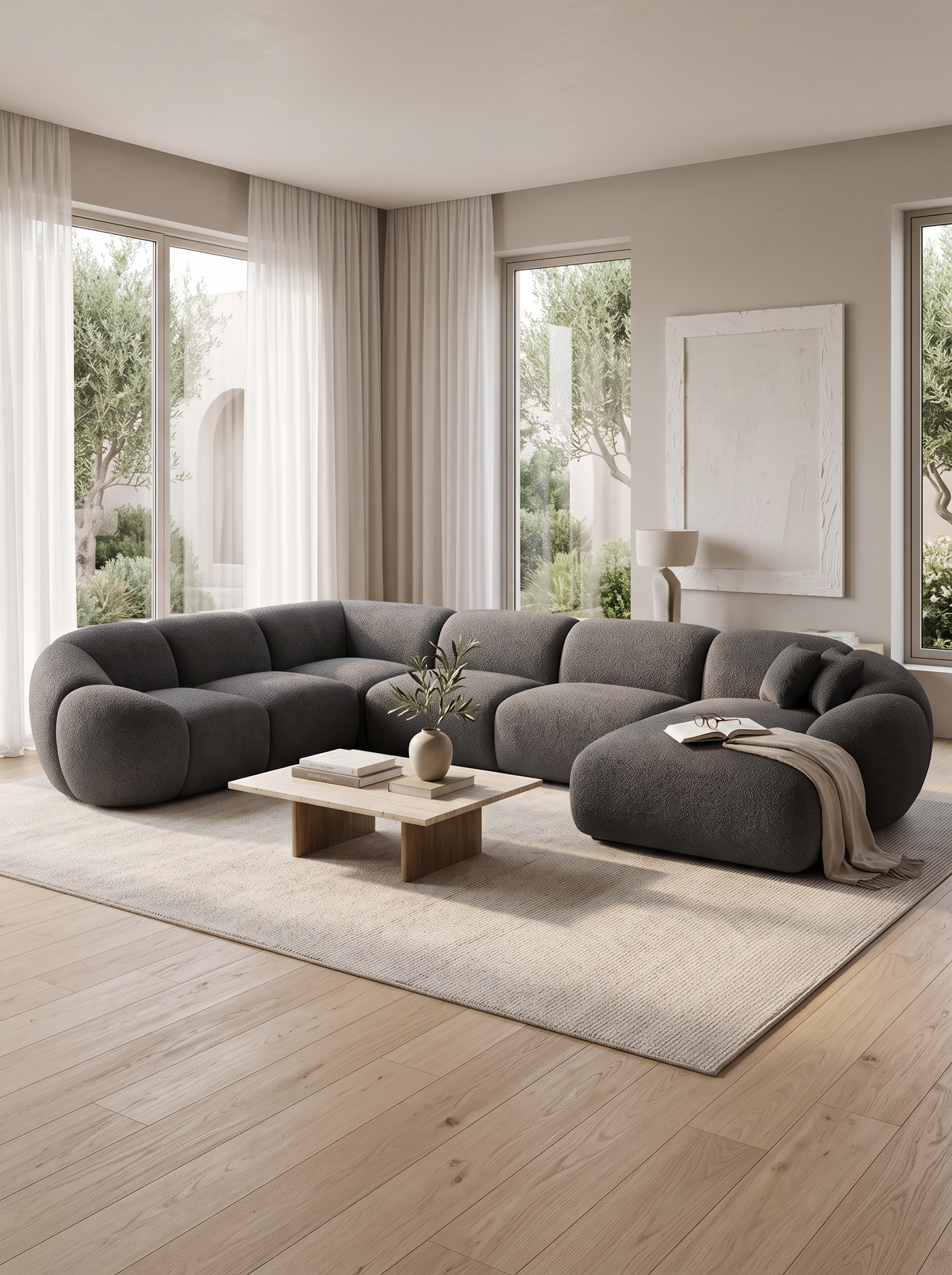 
7-seat designer panoramic sofa “Arden XXL” with bouclé upholstery - Bouclé Graphite / Long side left