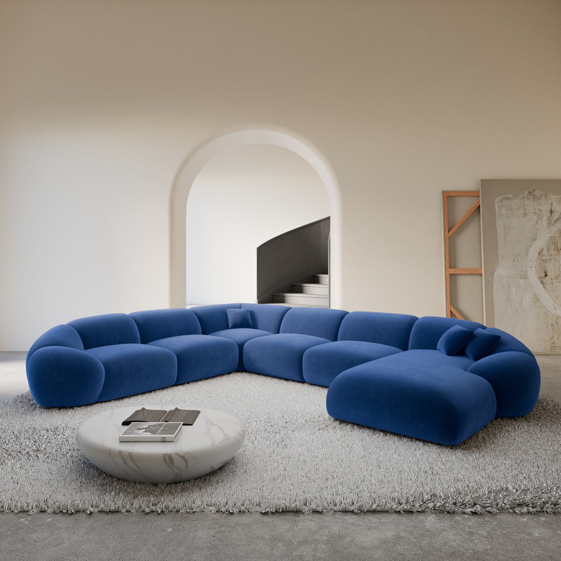 
7-Sitzer Design Panorama-Sofa „Arden XXL“ mit Samtbezug - Samtbezug Königsblau / Lange Seite links
