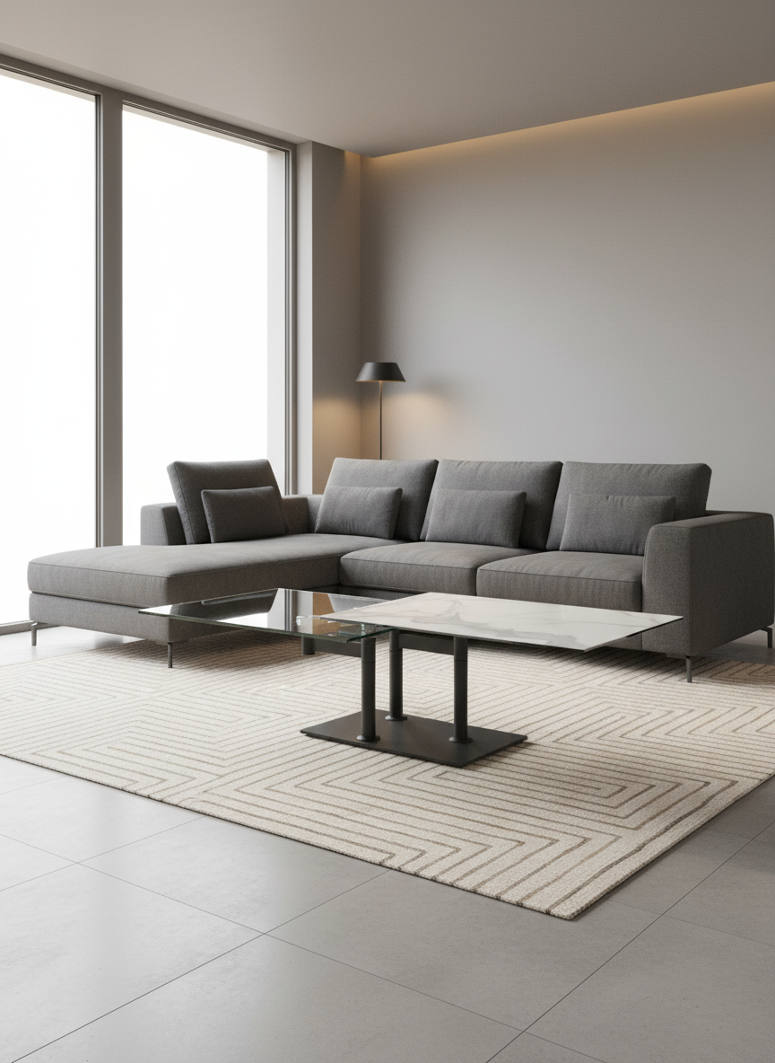 
Ausziehbarer, flexibler Design Keramik Couchtisch „Opera“ - Marmoroptik hell/Schwarz