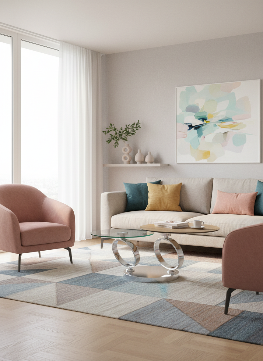 
Ausziehbarer, flexibler Design Couchtisch „Eolia Silver“ - Keramik Eiche hell