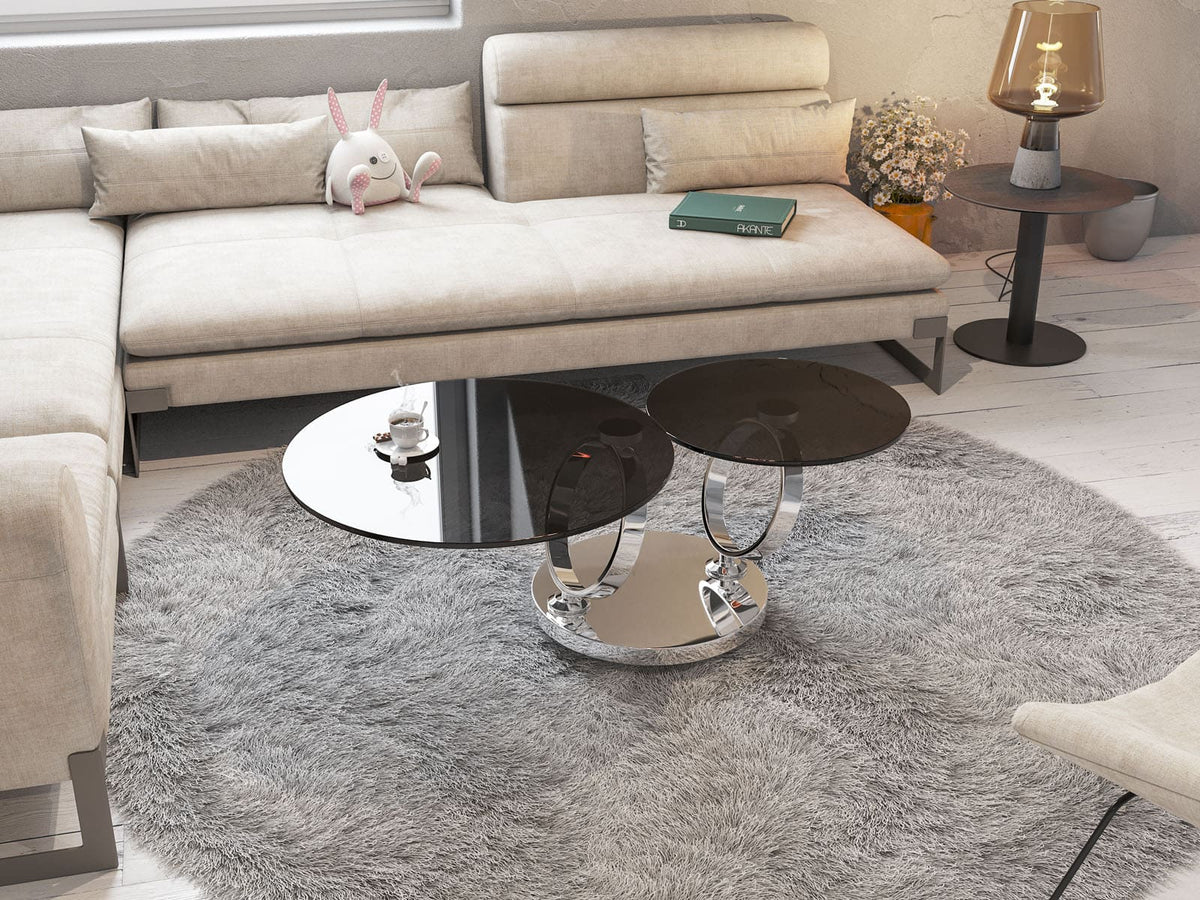 
Ausziehbarer, flexibler Design Couchtisch „Eolia Silver“ - Glas Dunkelgrau getönt
