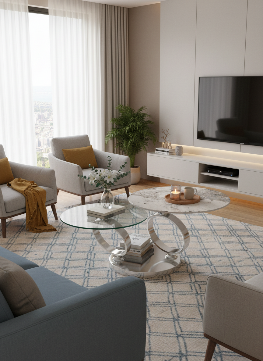 
Ausziehbarer, flexibler Design Couchtisch „Eolia Silver“ - Keramik Calcatta glänzend