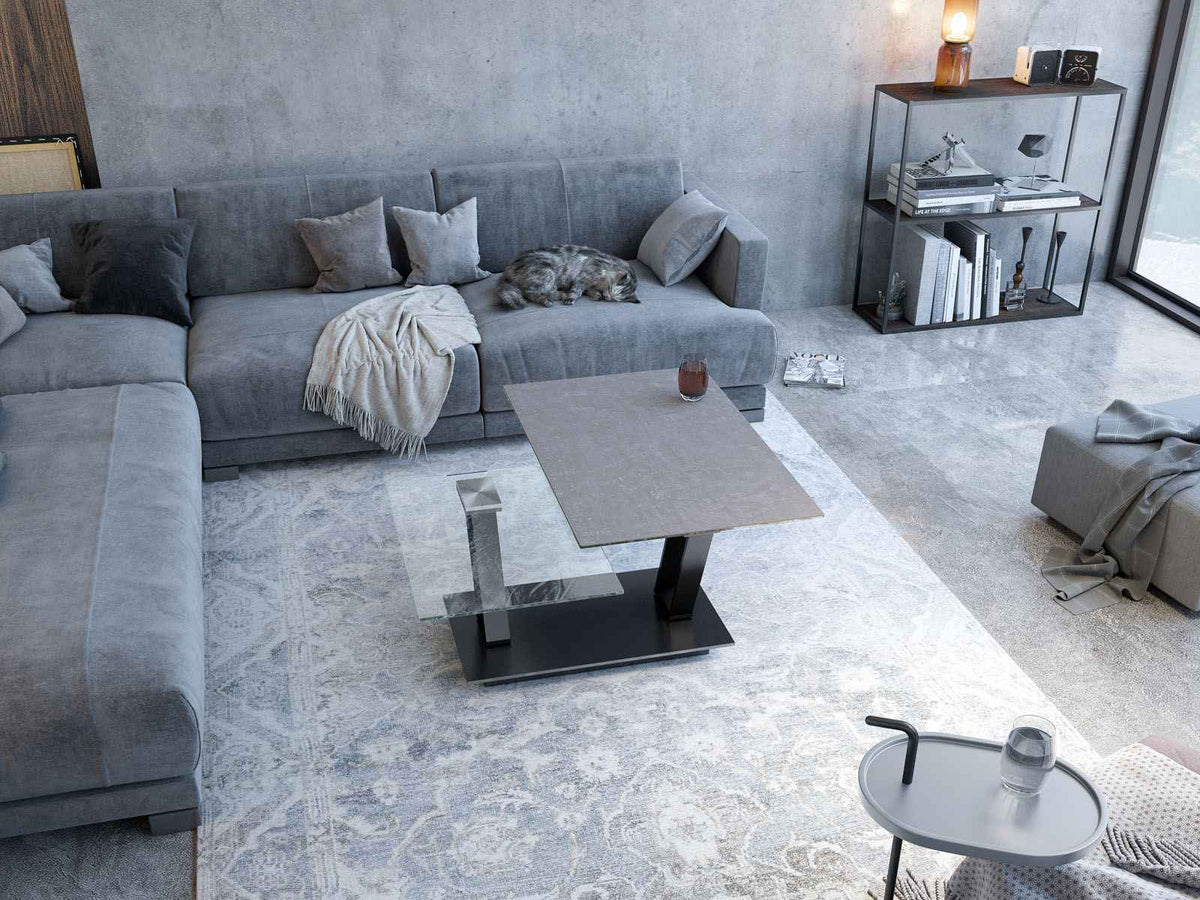 
Ausziehbarer, flexibler Design Keramik Couchtisch „Barcelona“ - Zementgrau/Schwarz