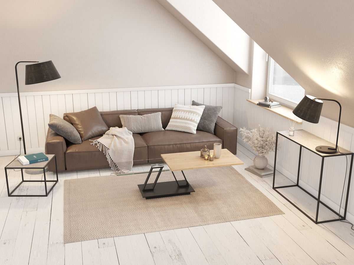 
Ausziehbarer, flexibler Design Keramik Couchtisch „Barcelona“ - Eiche hell/Schwarz
