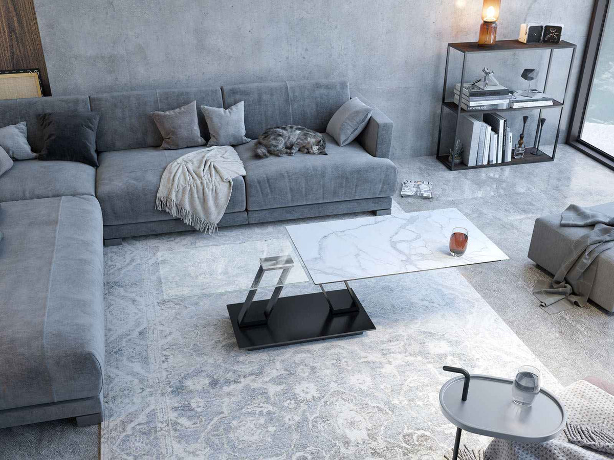 
Ausziehbarer, flexibler Design Keramik Couchtisch „Barcelona“ - Marmoroptik Weiss/Schwarz