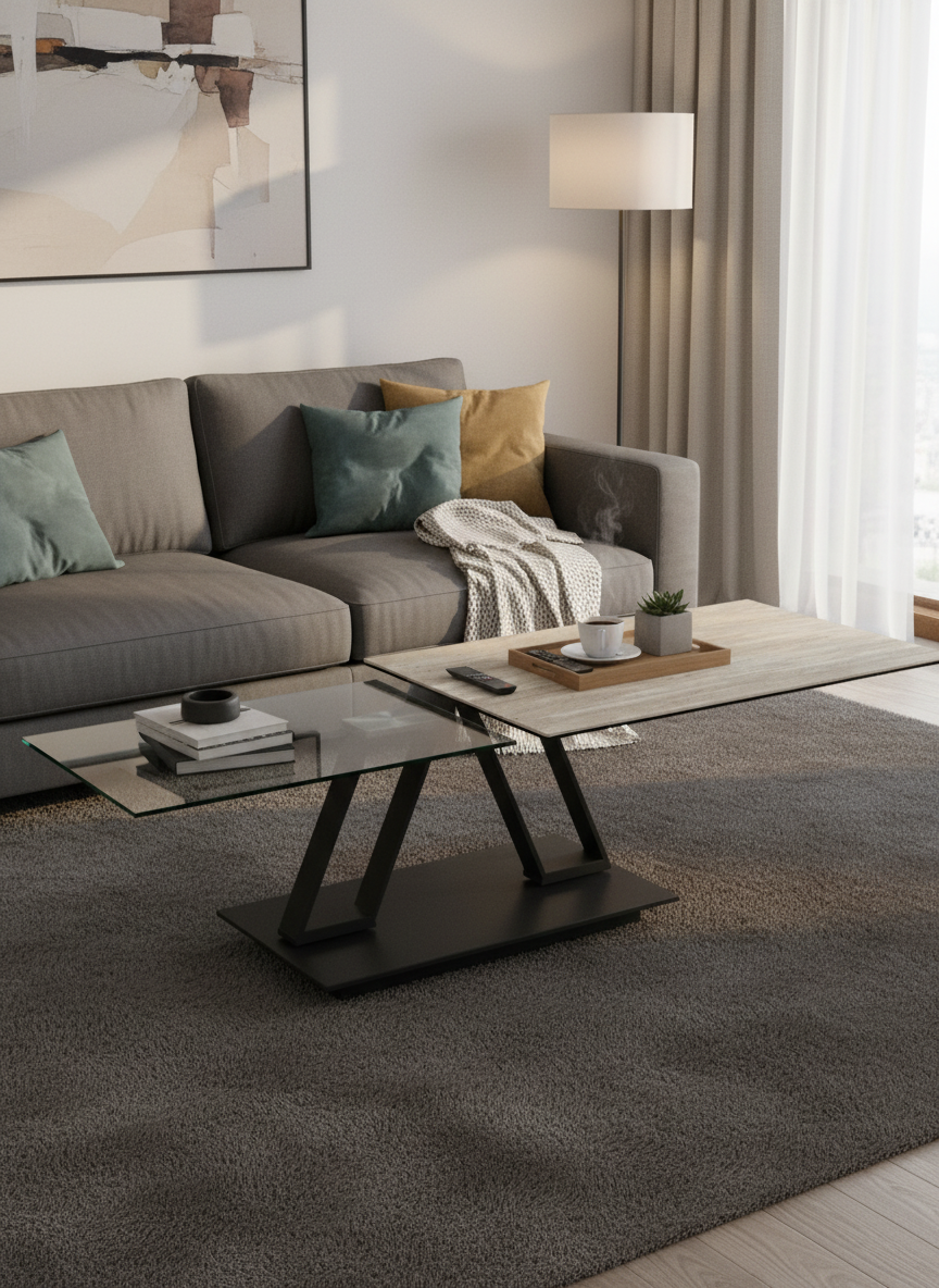 
Ausziehbarer, flexibler Design Keramik Couchtisch „Barcelona“ - Travertin/Schwarz