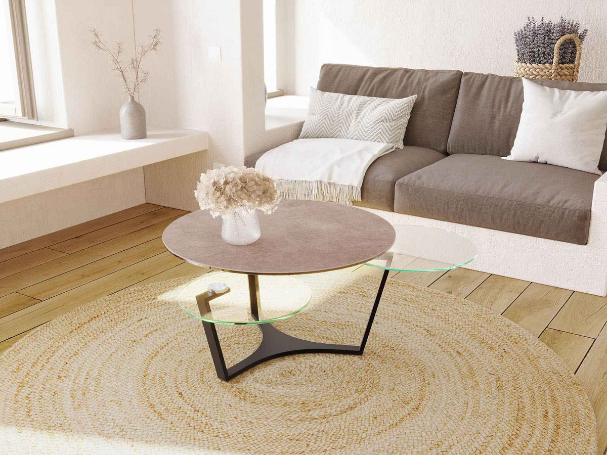 
Ausziehbarer, flexibler Design Keramik Couchtisch „Safran“ - Zementgrau/Schwarz