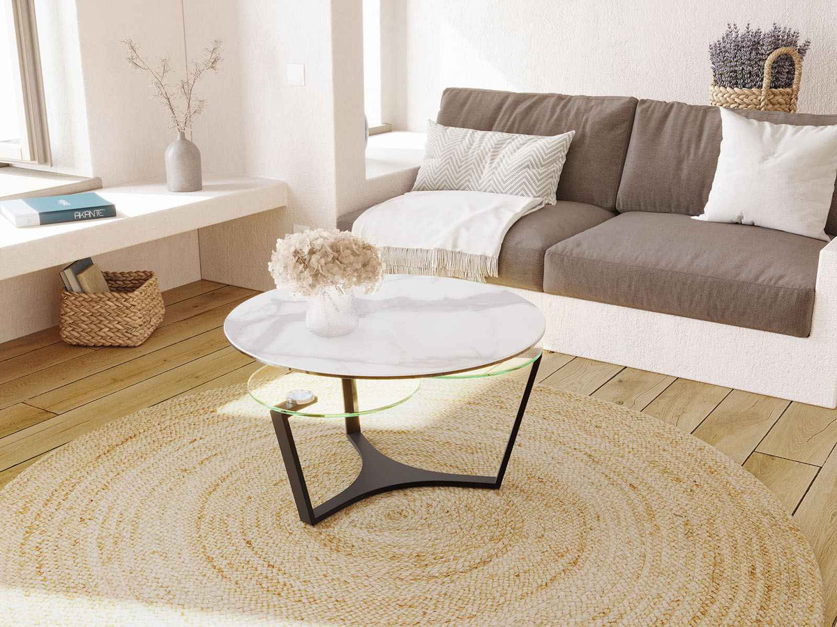
Ausziehbarer, flexibler Design Keramik Couchtisch „Safran“ - Marmoroptik Weiss/Schwarz