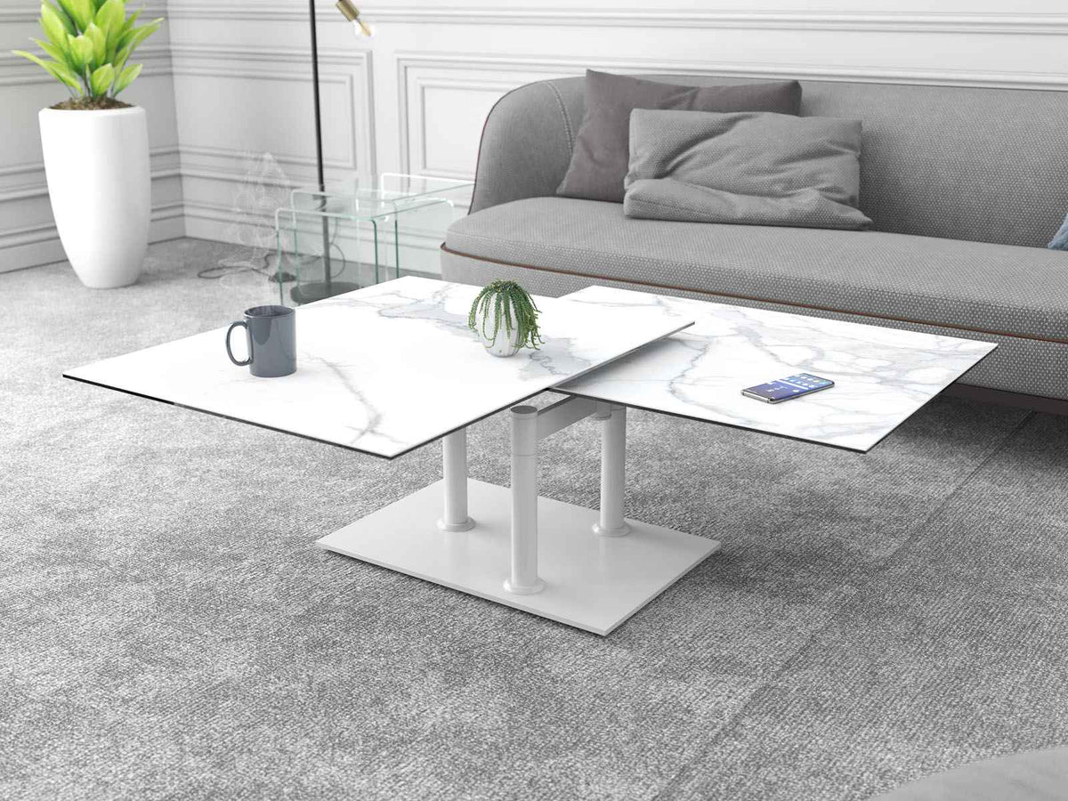 
Tavolino da caffè allungabile e flessibile in ceramica di design «Opera Double» - Effetto marmo Bianco