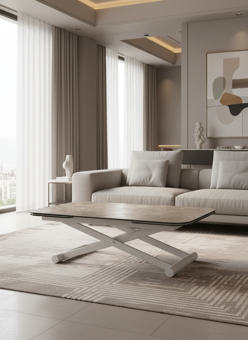 
Höhenverstellbarer und ausziehbarer Design Ess- und Couchtisch „Enora“ - Zementgrau