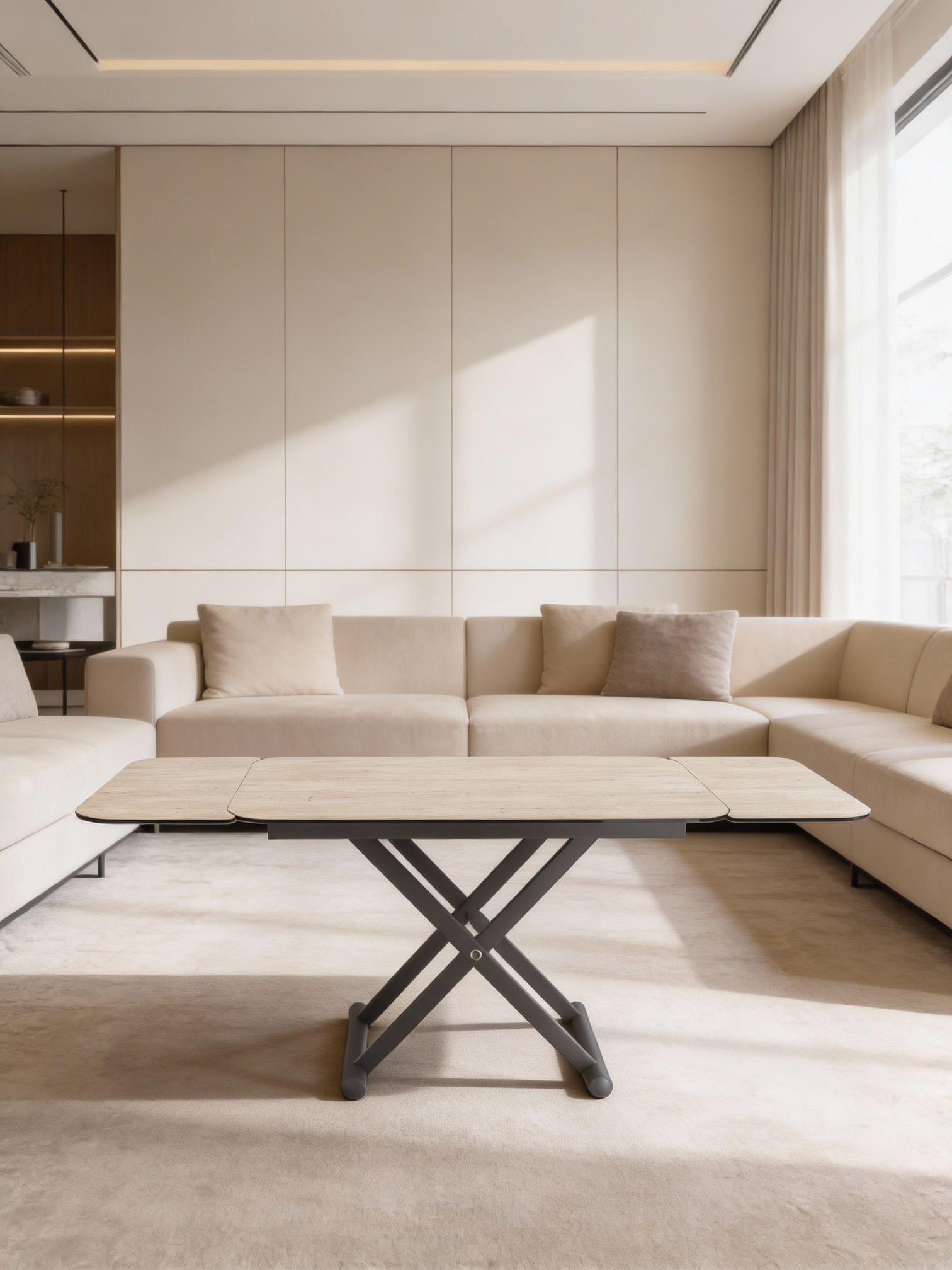 
Height-Adjustable and Extendable Design Dining and Coffee Table "Enora" - Travertine