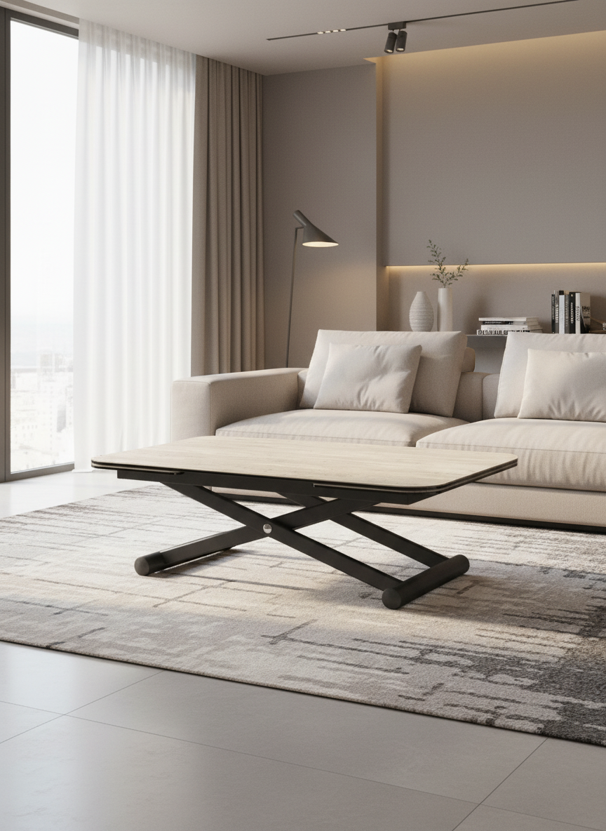 
Höhenverstellbarer und ausziehbarer Design Ess- und Couchtisch „Enora“ - Travertin