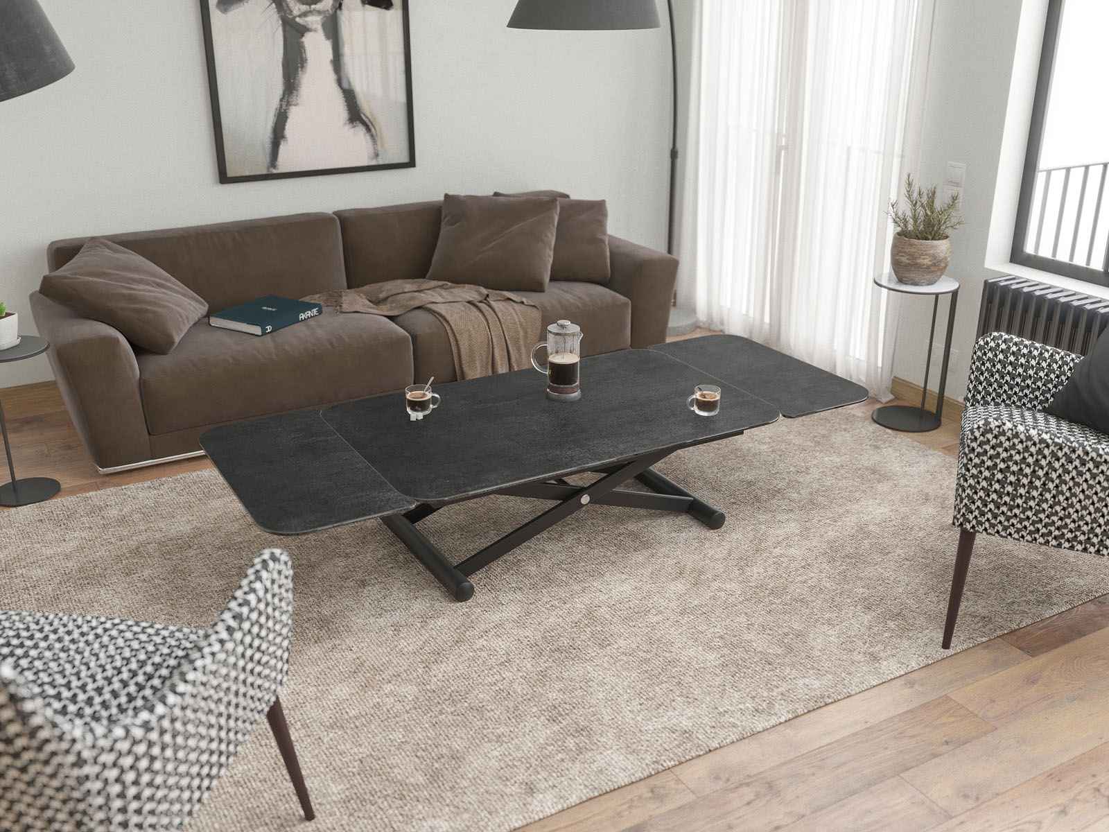 
Table basse et de salle à manger design, réglable en hauteur et extensible « Enora » - Titane