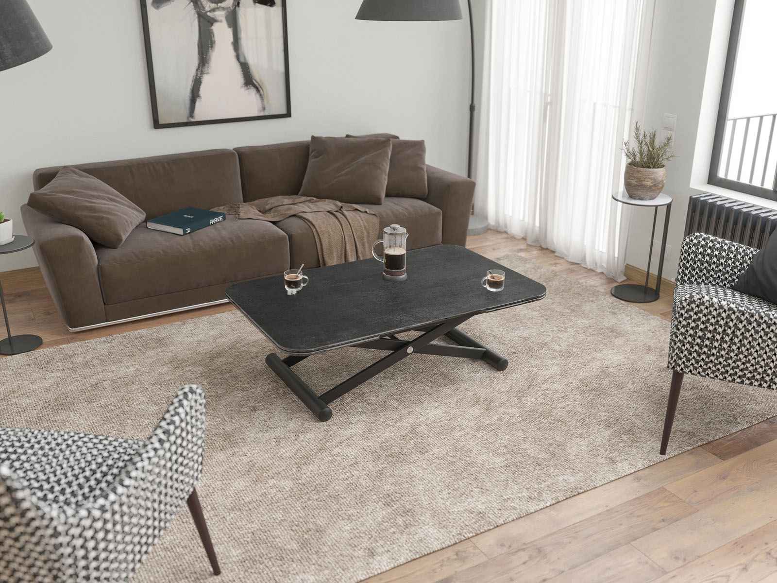
Table basse et de salle à manger design, réglable en hauteur et extensible « Enora » - Titane