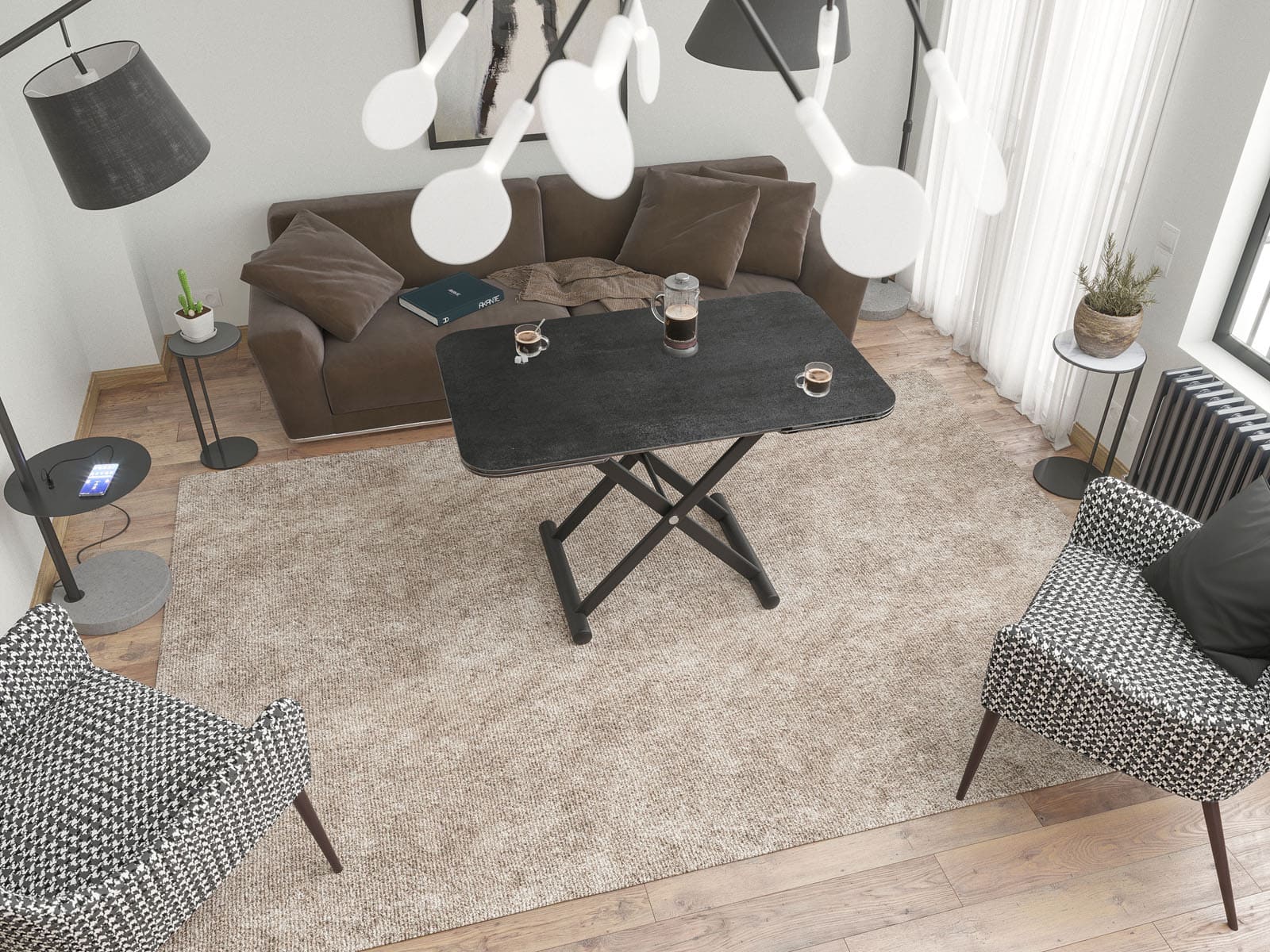 
Table basse et de salle à manger design, réglable en hauteur et extensible « Enora » - Titane