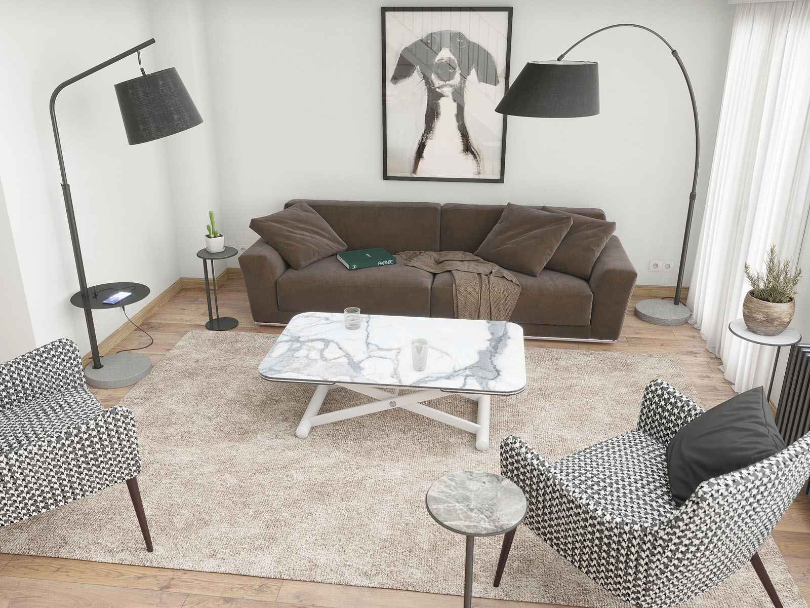 
Höhenverstellbarer und ausziehbarer Design Ess- und Couchtisch „Enora“ - Marmoroptik Weiss