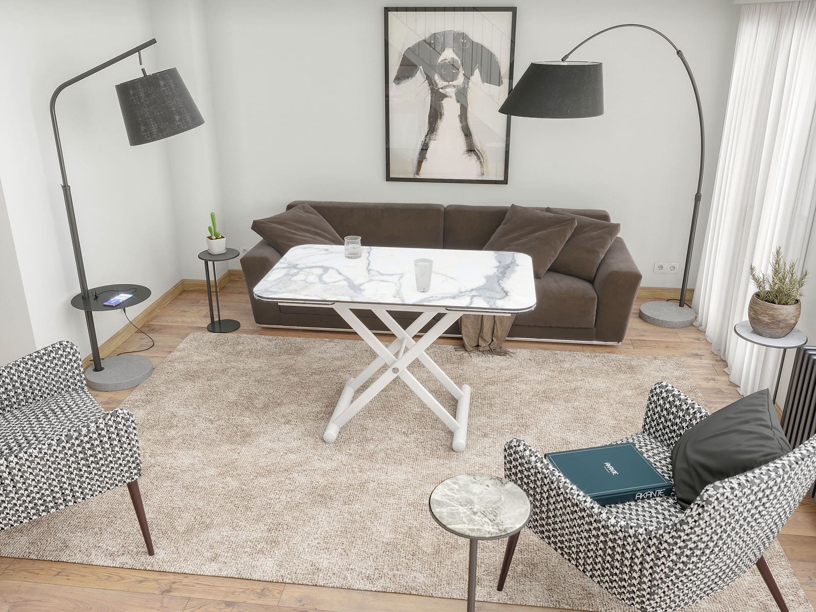 
Höhenverstellbarer und ausziehbarer Design Ess- und Couchtisch „Enora“ - Marmoroptik Weiss