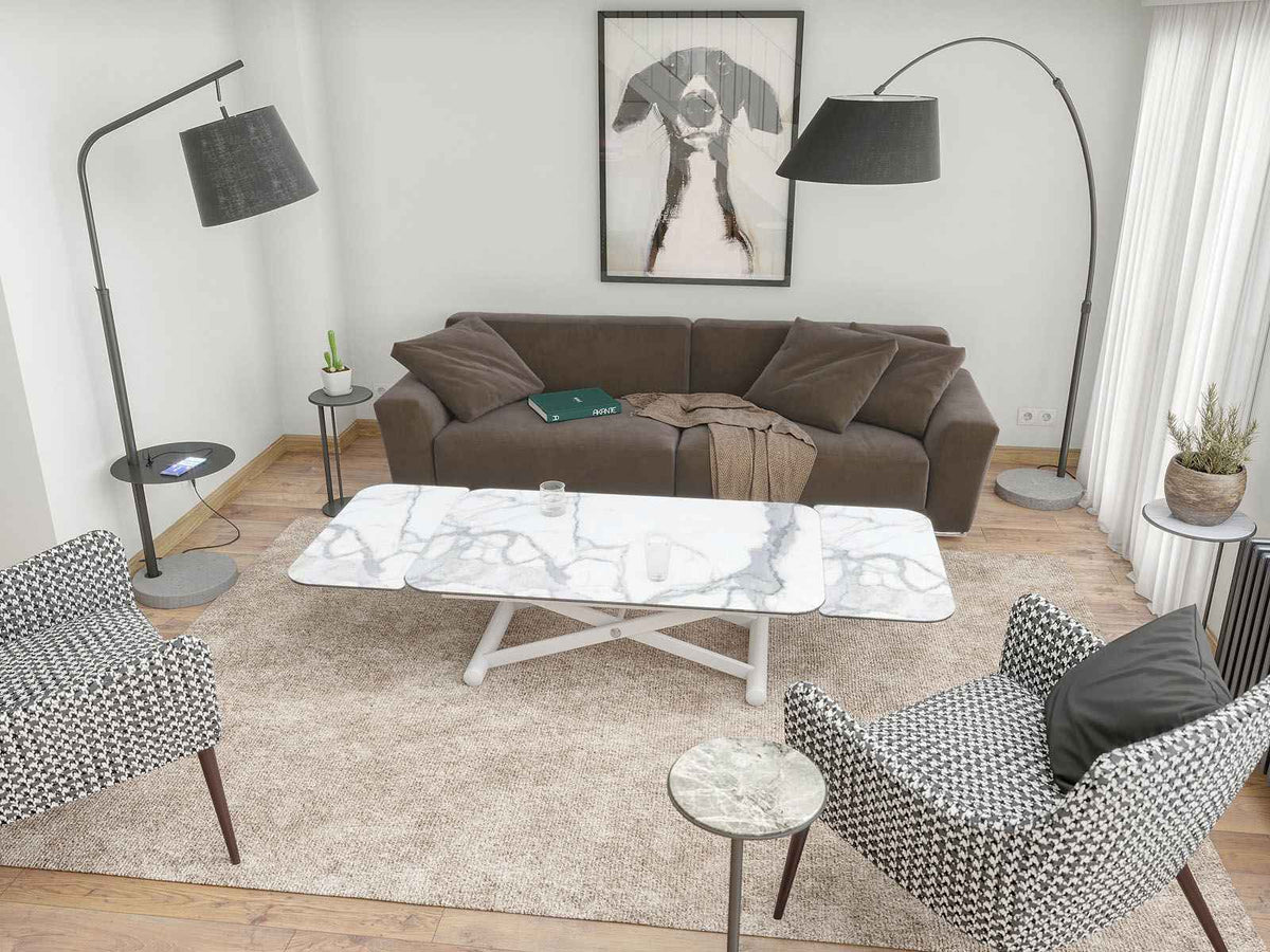 
Höhenverstellbarer und ausziehbarer Design Ess- und Couchtisch „Enora“ - Marmoroptik Weiss