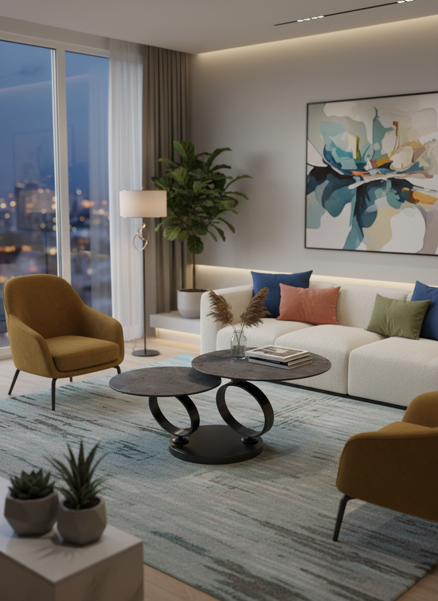 
Ausziehbarer, flexibler Design Keramik Couchtisch „Eolia Double Black“ - Keramik Rostbraun