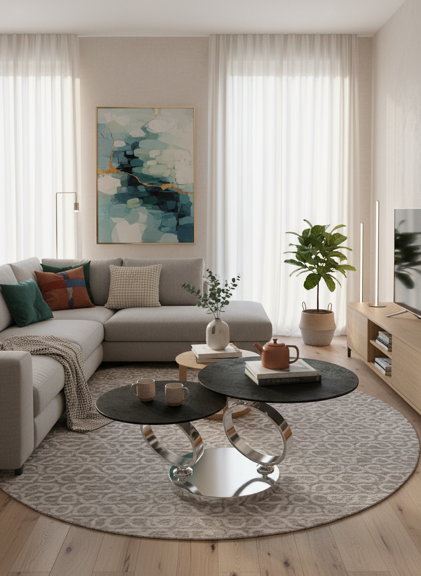 
Ausziehbarer, flexibler Design Keramik Couchtisch „Eolia Double Silver“ - Keramik Titan