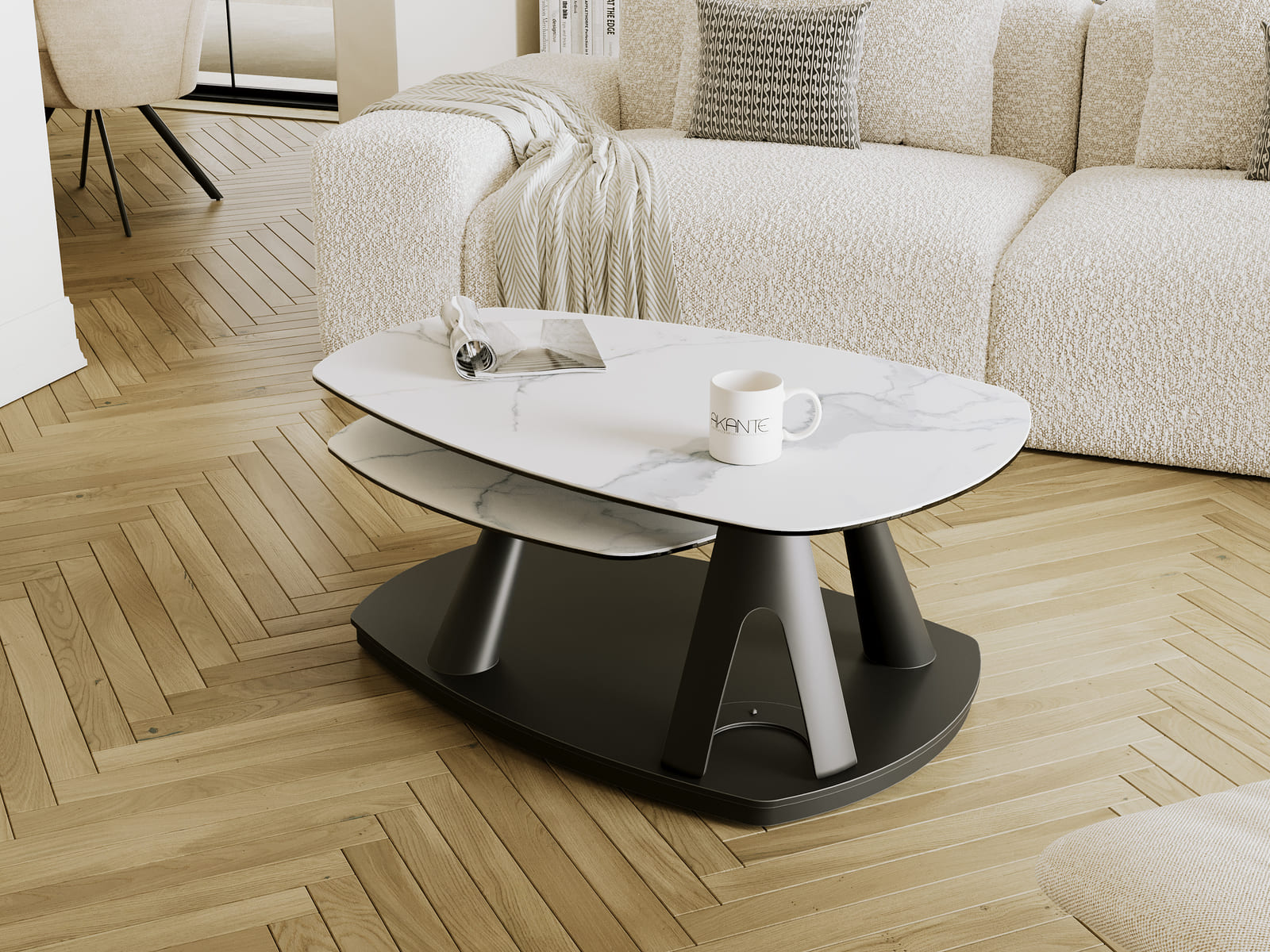
Table basse de designer en céramique « Opus », extensible et modulable - Céramique aspect marbre clair / Sans les rôles