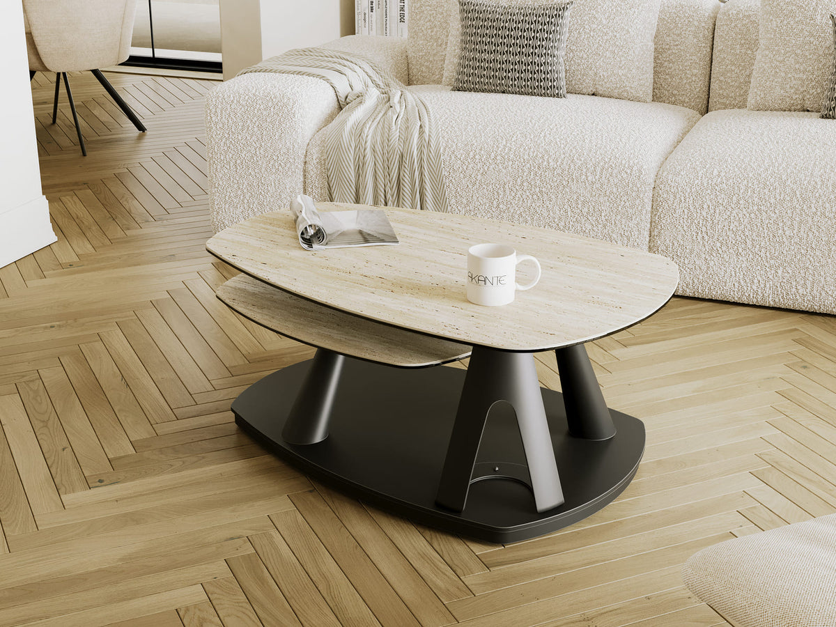 
Ausziehbarer, flexibler Design Keramik Couchtisch „Opus“ - Travertin / Ohne Rollen