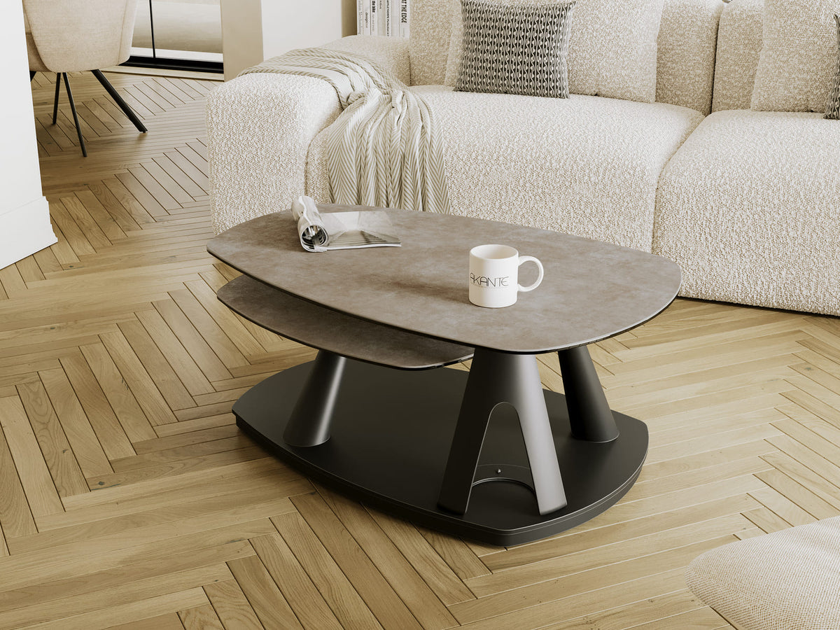
Ausziehbarer, flexibler Design Keramik Couchtisch „Opus“ - Keramik Zementgrau / Mit Rollen