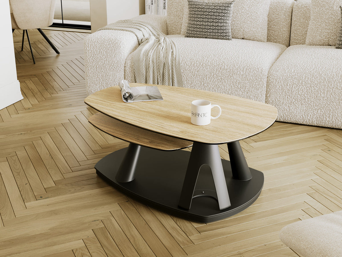 
Ausziehbarer, flexibler Design Keramik Couchtisch „Opus“ - Keramik Eiche hell / Mit Rollen