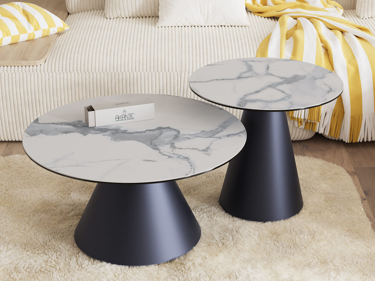 
Tavolino da salotto di design «Faro» Ø 70 cm - Piano del tavolo: effetto marmo Bianco / Gambe: Nero