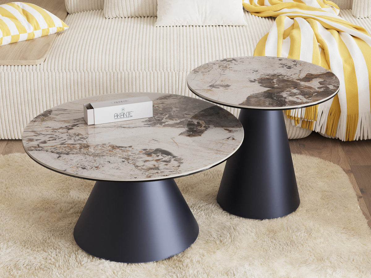 
Design Couchtisch „Faro“ Ø 70 cm - Tischplatte: Calcatta glänzend / Füsse: Schwarz