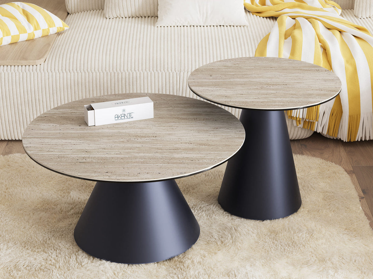 
Tavolino da salotto di design «Faro» Ø 70 cm - Piano del tavolo: Travertino / Piedi: Nero