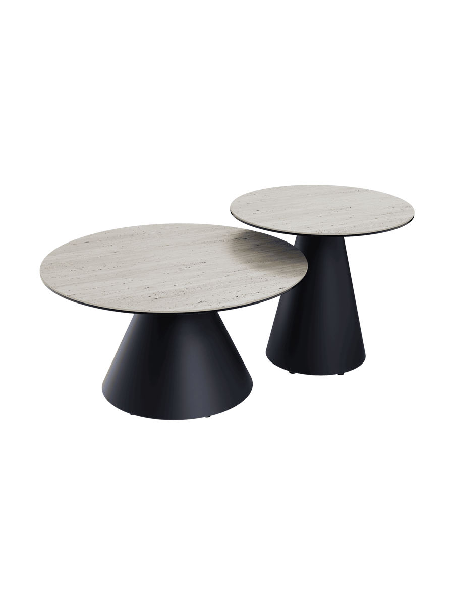 
Tavolino da salotto di design «Faro» Ø 70 cm - Piano del tavolo: Travertino / Piedi: Nero