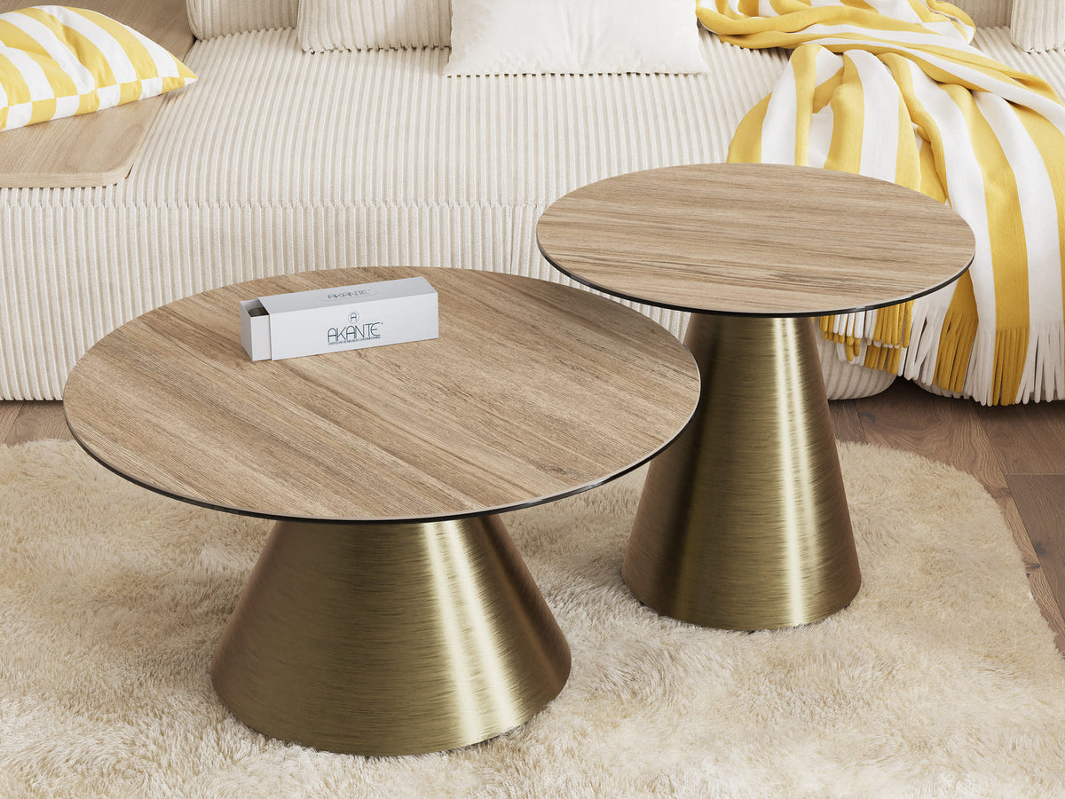 
Tavolino da salotto di design «Faro» Ø 70 cm - Piano del tavolo: rovere chiaro / Piedi: Bronzo